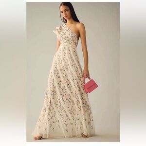 Anthropologie Mac Duggal One-Shoulder Embroidered Maxi Dress Size 4 $498